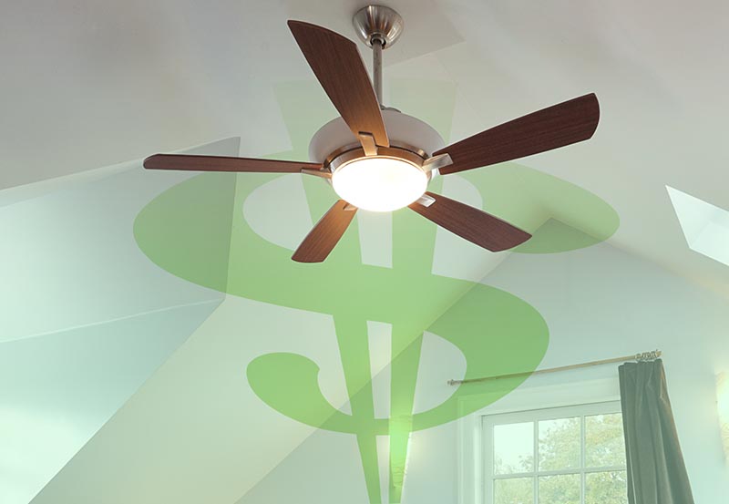 A five-blade wood and metal ceiling fan with an illuminated central light fixture, superimposed over a green dollar sign graphic.